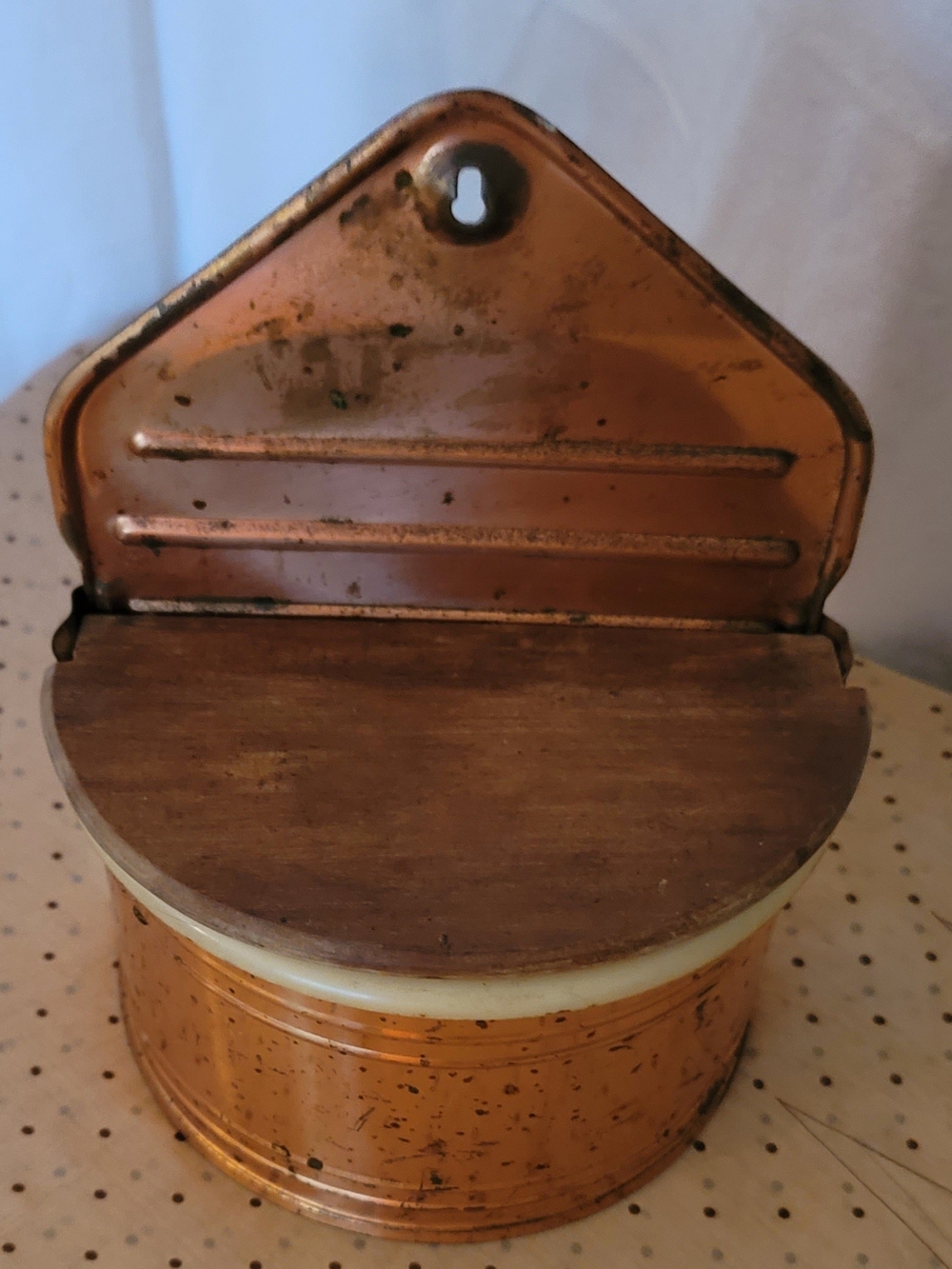 Vintage Copper Tone Wall-Mount Salt Dish with Wooden Lid